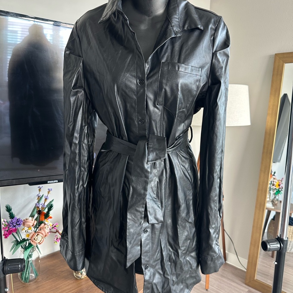 Faux Leather Belted Button-Down Shirt Dress